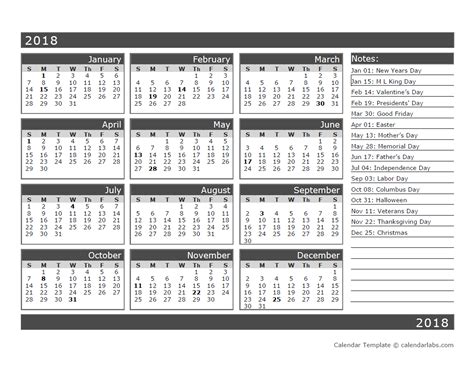 12 Month One Page Calendar Template For 2018 Free Printable Templates