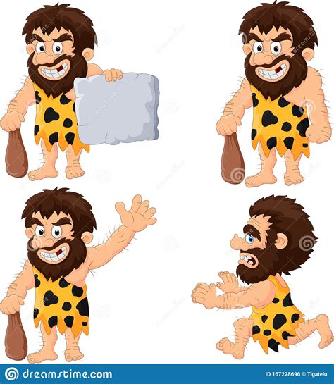 Set Of Caveman In Different Actions Stock Vector Illustration Of