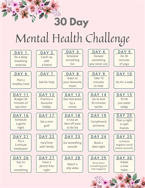 30 Day Mental Health Challenge Guide And Empty Worksheet Etsy Free
