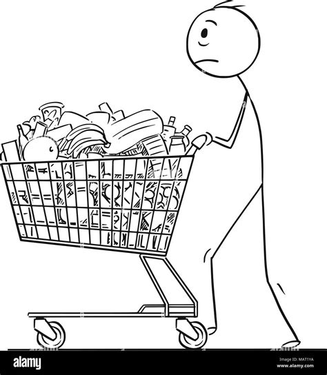 Cartoon Of Tired Man Or Businessman Pushing Shopping Cart Full Of Goods