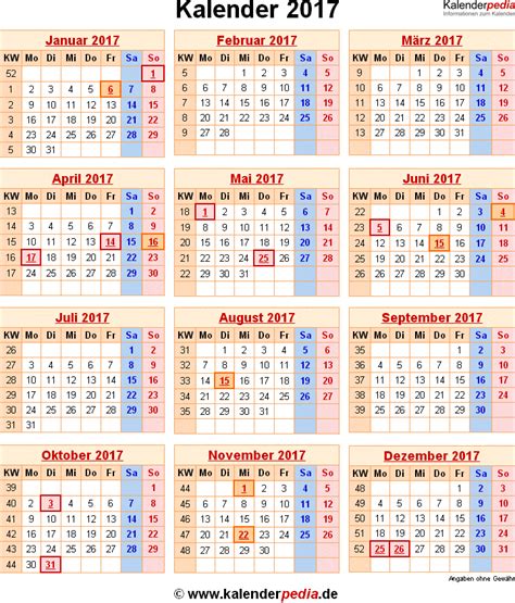 Kalender 2017 Mit Excelpdfword Vorlagen Feiertagen Ferien Kw