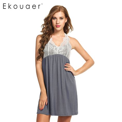 Ekouaer Women Nightwear Sleeveless Nightdress Patchwork V Neck Nightgowns Sleepshirts Female