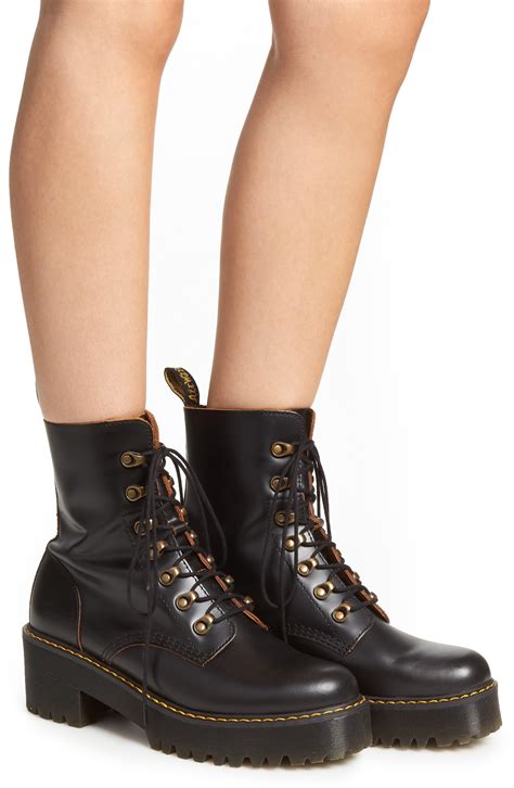 dr martens leather leona heeled boot in black lyst