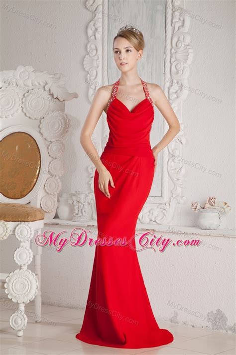 Red Mermaid Floor Length Halter Ruched And Beaded Prom Dress Mydresscity Com