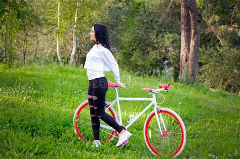 Sports Girl Rides A Bicycle Emotions And Lifestyle Young Beautiful