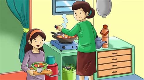 Gambar Ibu Memasak Di Dapur Kartun Gadis Dan Ibu Memasak Di Dapur