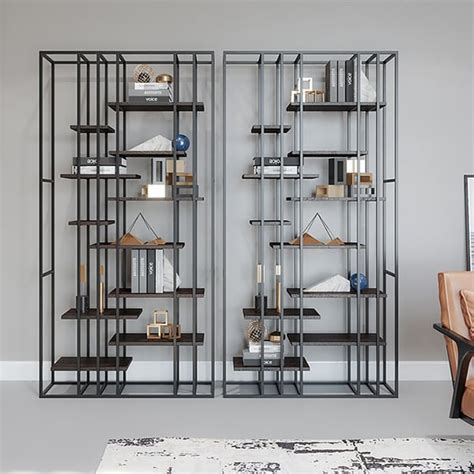 Black Modern Metal Etagere Bookshelf Freestanding With Wood Shelf 11