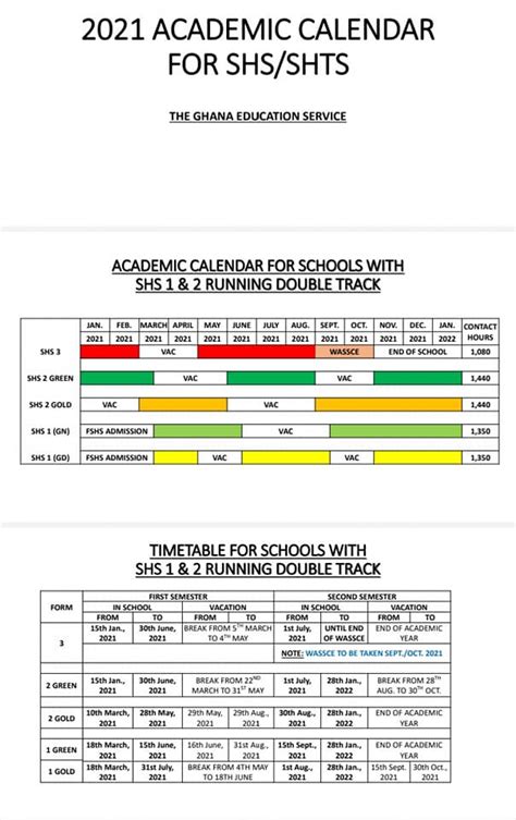 2021 Academic Calendar For Schools With Shs 1 And 2 Running Double