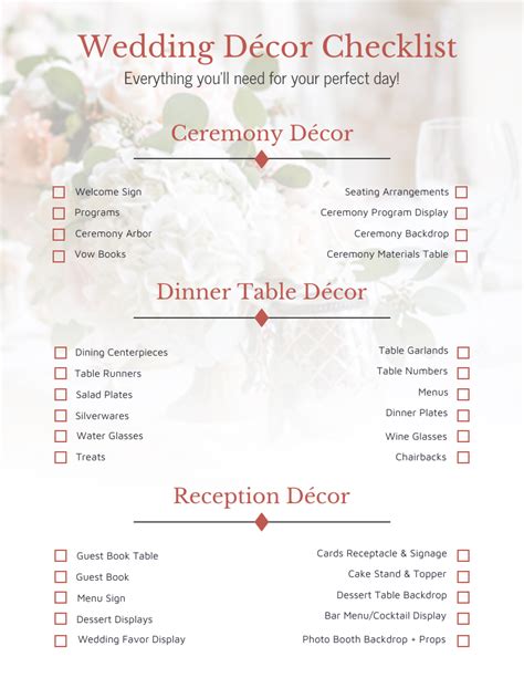 Free Printable Wedding Decor Checklist - Customize and Print