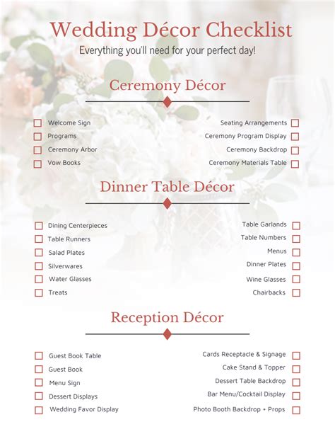 Free Printable Wedding Decor Checklist Customize And Print