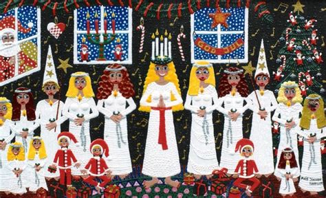 Swedish Saint Lucia Tradition With Girls All In White And A Wreath Of