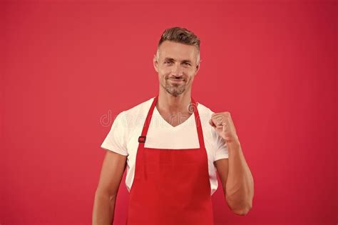 Skilled And Confident Senior Cook Wearing Bib Apron Bearded Mature Man In Striped Apron Stock