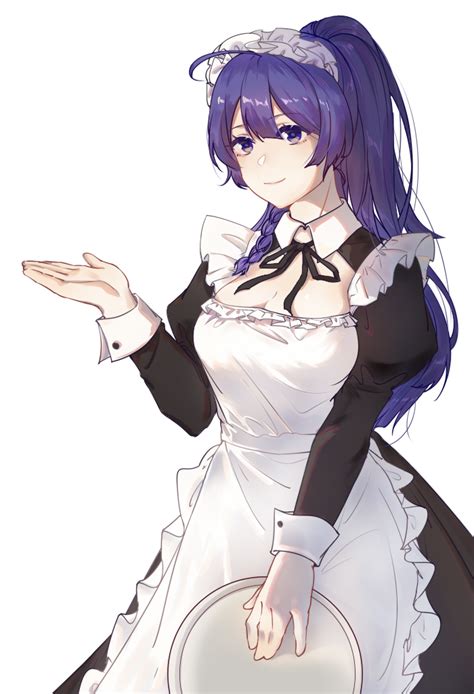 safebooru 1girl alternate costume apron artist request braid cleavage cutout enmaided holding