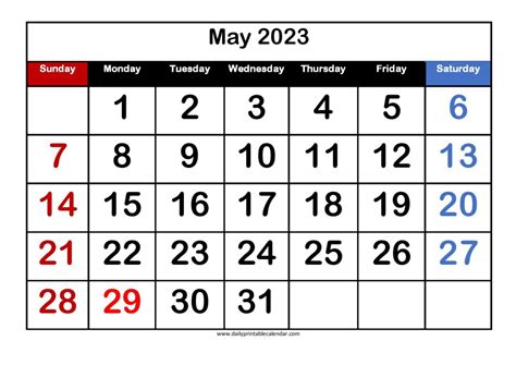 Printable May 2023 Calendar Template Pdf Word Excel