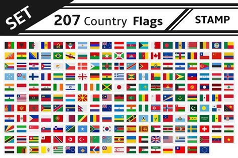 Set 207 Country Flags Stamp Flag World Map Silhouette Countries And