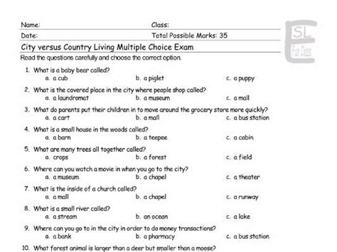 City Versus Country Living Multiple Choice Exam Teaching Resources