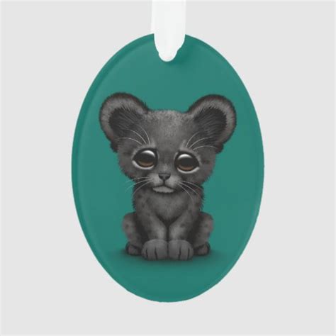 Cute Baby Black Panther Cub On Teal Blue Ornament Zazzle