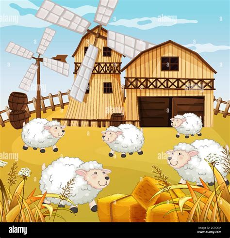 Farm Scene In Nature With Barn And Windmill And Sheeps Illustration