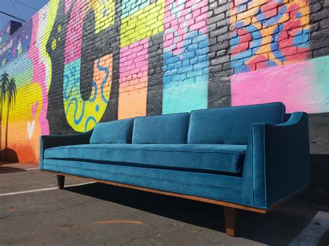 Mid Century Style Blue Velvet Sofa With Walnut Trim The Hunt Vintage
