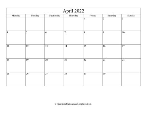 Blank Editable April Calendar 2022 Landscape