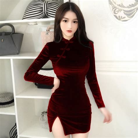 Buy Side Slit Slim Fit Velours Dress Chinese Style