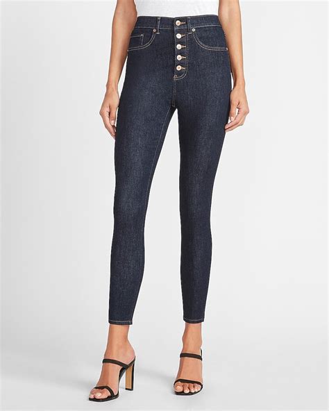 Express Super High Waisted Button Fly Skinny Jeans In Dark Wash