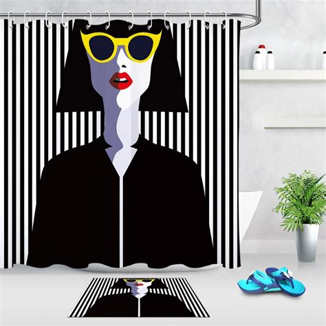 Lb Fashion Girl Wearing Sunglasses Black And White Stripes Shower Curtains Set Bathroom