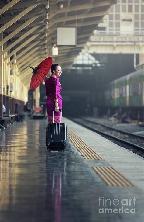 Traveler Girl Walking And Waits Train On Railway Platform Photograph By Sasin Tipchai