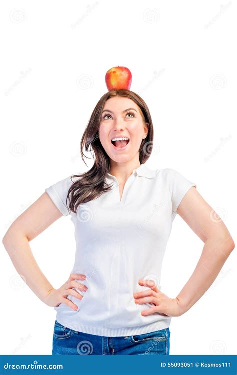Funny Girl With Apple On Her Head Stock Image Image Of Females