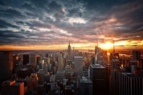 Wallpaper New York Sunset Dark Clouds Buildings Cityscape