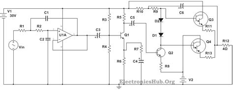 The circuit is a microphone amplifier for use with low impedance (~200 ohm) microphones. 100W Subwoofer Amplifier Circuit Diagram, Working and Applications