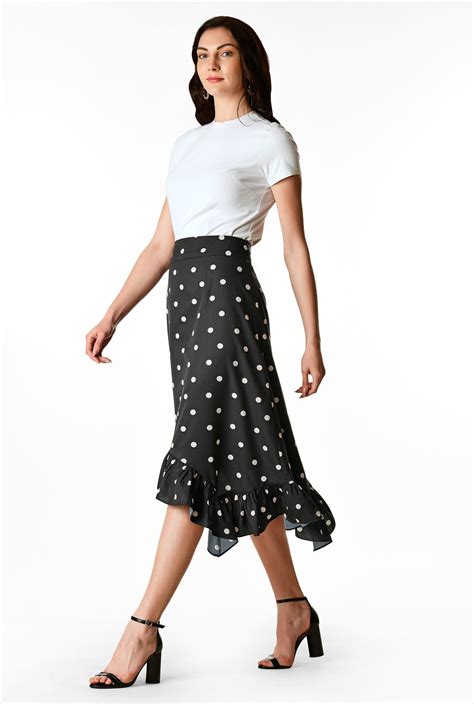 Shop Asymmetric Ruffle Polka Dot Print Matte Crepe Skirt Eshakti