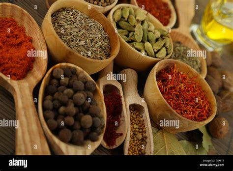 Many Different Spices And Fragrant Herbs Close Up Background Stock