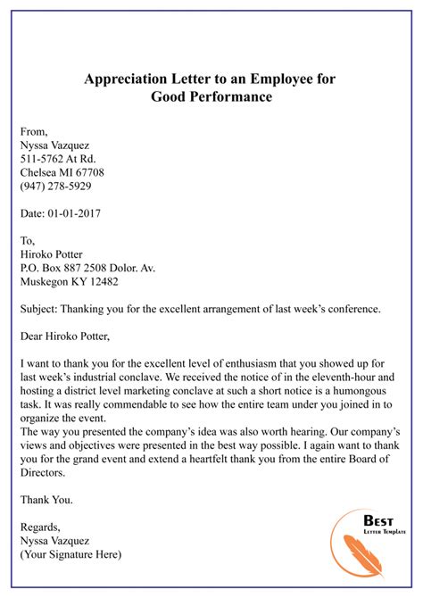 Appreciation Letter Template To Employee Sample And Example