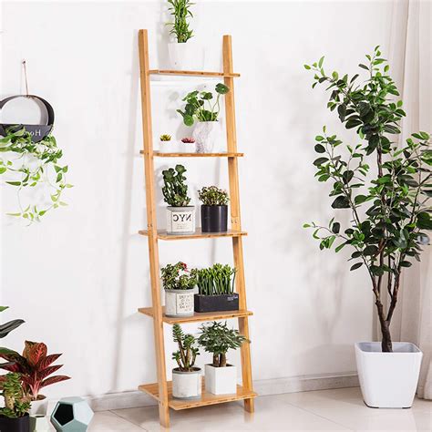 Tangkula Bamboo 5 Tier Ladder Shelf Bookshelf Wall Leaning Bookshelf