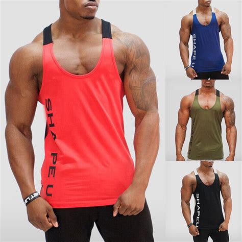 Men Gym Singlet Tank Top Stringer Bodybuilding Muscle Tee T Shirt Fitness Vest~ Ebay