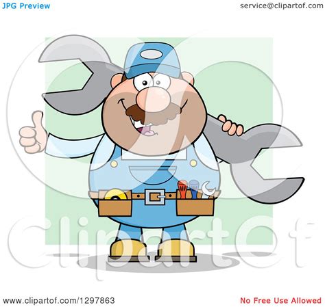 Clipart Of A Cartoon White Male Mechanic Wearing A Tool Belt Giving A
