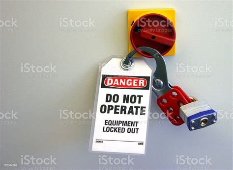 Locked Equipment With Locks And Danger Sign Notice Stock Photo