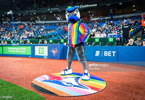 toronto blue jays mascot ace poses in a pride themed jacket before news photo getty images