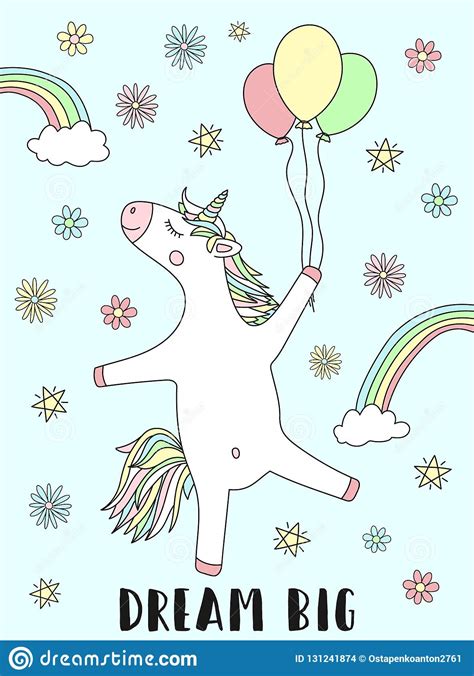 Vector Image Of A Happy Unicorn With Balloons And An Inscription Dream