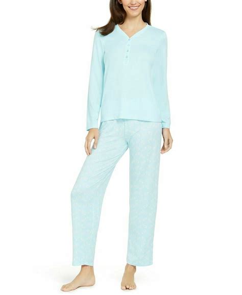 Charter Club Soft Knit Henley Top And Printed Pants Pajamas Set Blue