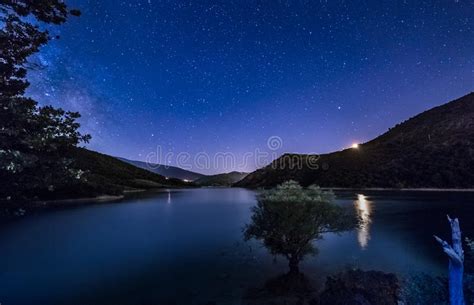 Amazing Night Sky Stars Lake Landscape With Milky Way