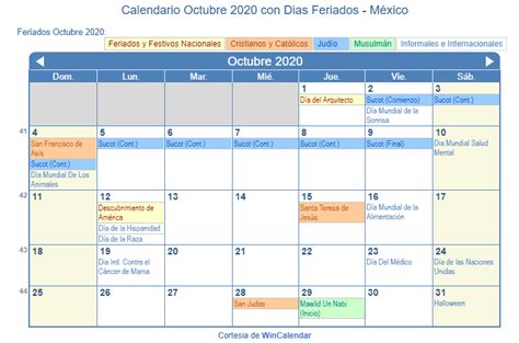 Calendario Octubre 2020 Para Imprimir México