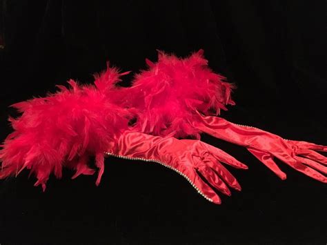 Red Satin Elbow Length Gloves With Feathers And Crystals Burlesque
