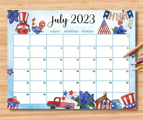 Editable July 2023 Calendar 4th Of July Independence Day Etsy