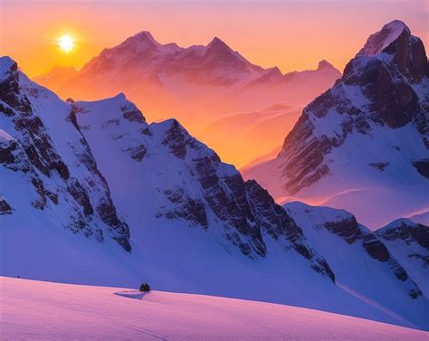 Premium Photo Sunset In The Snowy Mountains