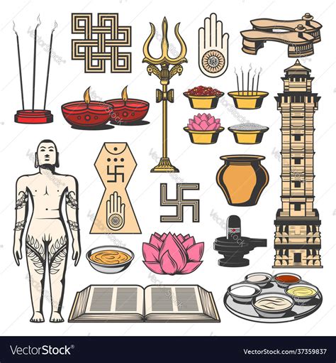 Jainism Indian Religion Symbols Jain Dharma Icons Vector Image