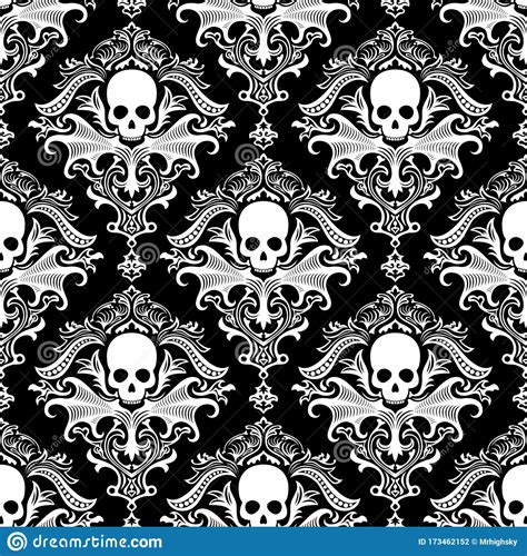 Gothic Skulls Damask Style Black And White Seamless Pattern Stock
