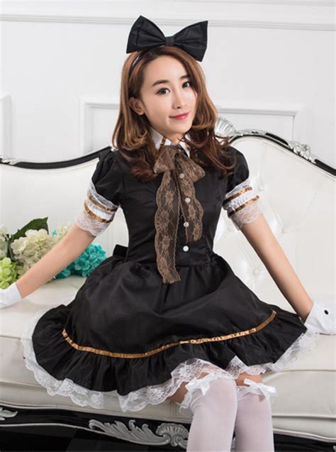 Cheap White Lace Black Short Sleeves Maid Lolita Dress Full Set Sale At