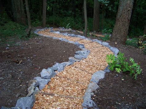 Natural Pathway Through Wooded Area Using Stone And Wood Chips Wood